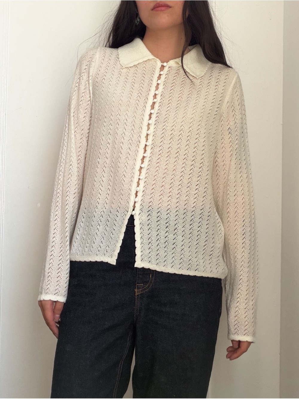 Tailored Classic Lace Knit Cream Button Up with Scalloped Trim